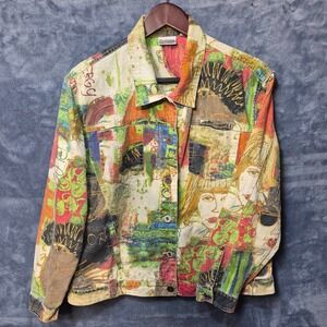 Chicos Denim Jacket Graffiti Face Print Multi Color Art Pop Art Button Front